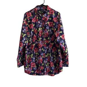 Lands End Sz 24W Button Up Shirt No Iron Supima Cotton Long Sleeve Dark Floral